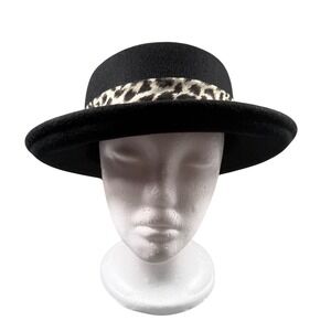 Arlin Black Wool Hat Leopard Print Scarf Band Bowler Fedora Style Womens